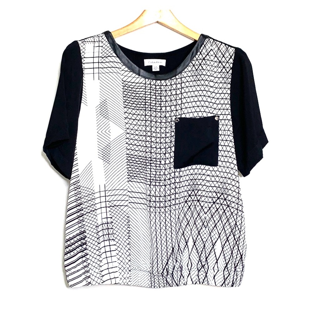 CALVIN KLEIN • Geo Black White Pocket Blouse Top